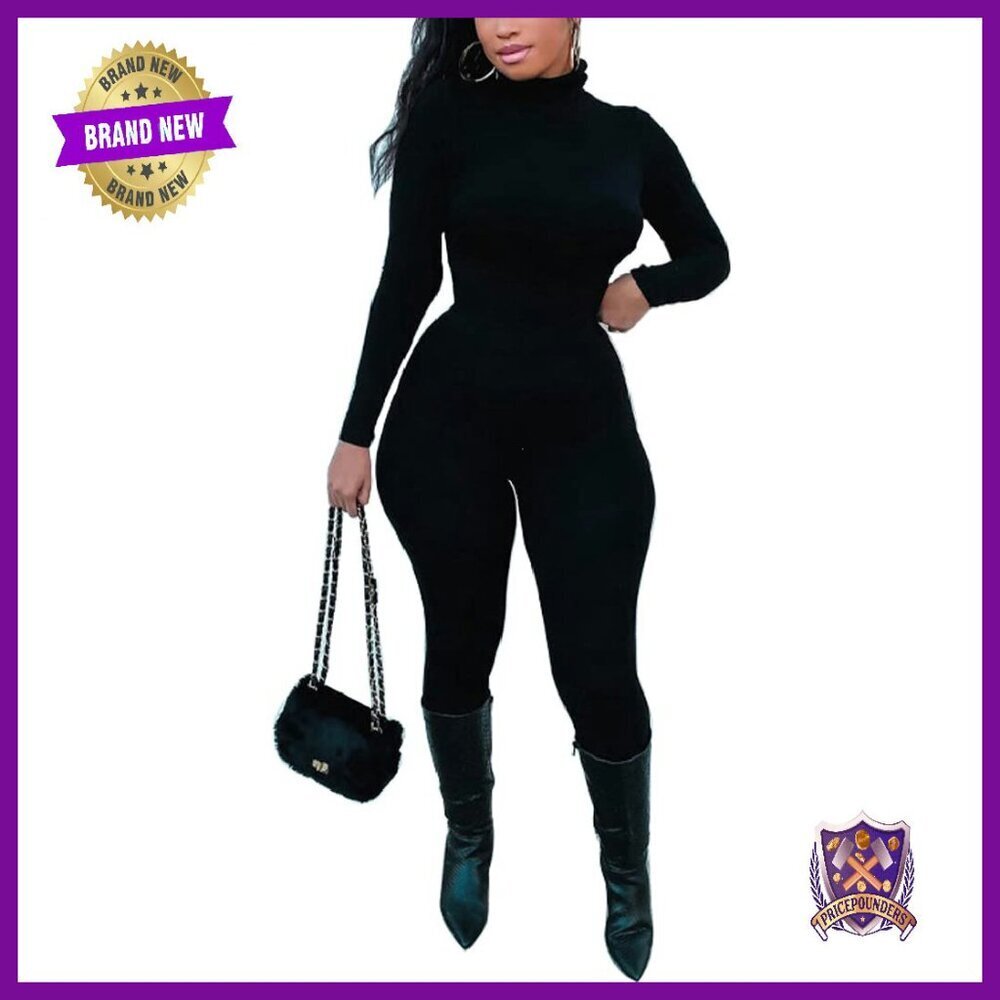 Long Sleeve Turtleneck Jumpsuit Bodycon Back Zipper High Waist Stretchy